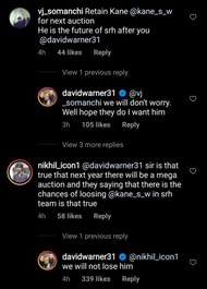 David Warner replied to a few SRH fans on his m Instagram post